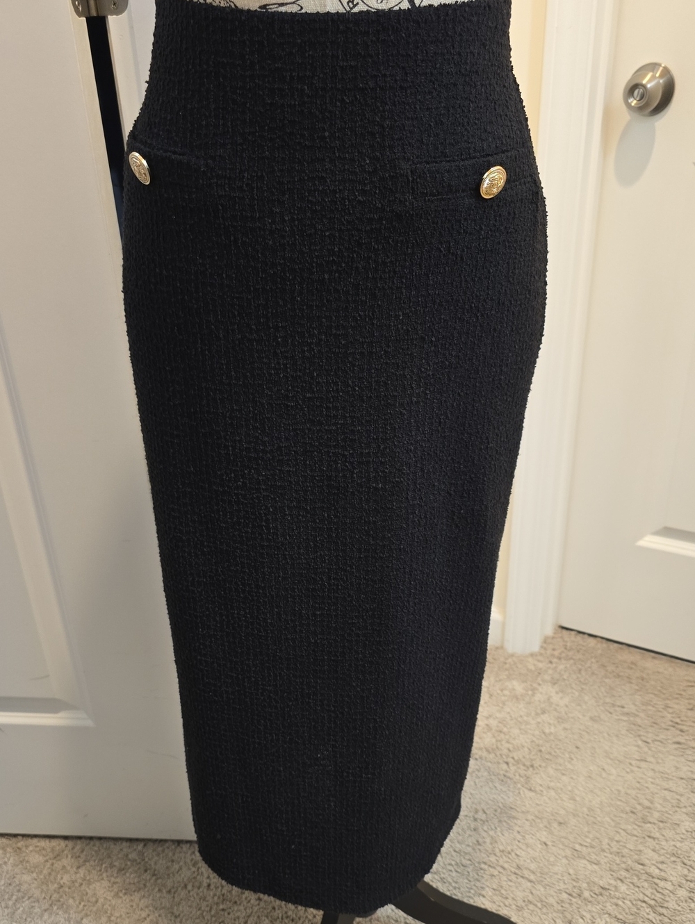 H&M Black Textured Pencil Skirt with Gold Button Accents